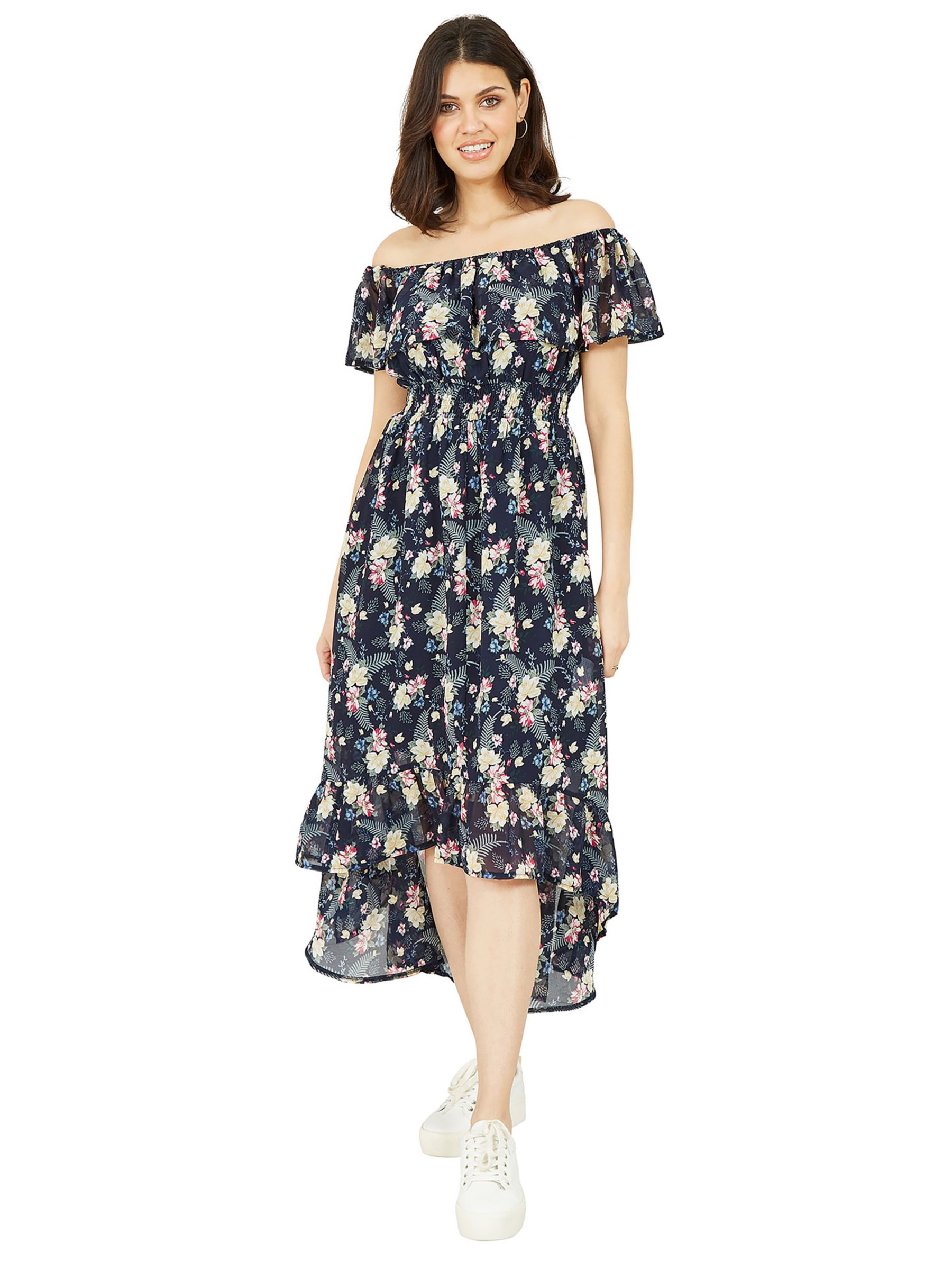 Mela London Tropical Print Dip Hem Bardot Midi Dress, Navy/Multi, 8