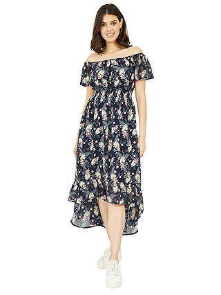 Mela London Tropical Print Dip Hem Bardot Midi Dress, Navy/Multi