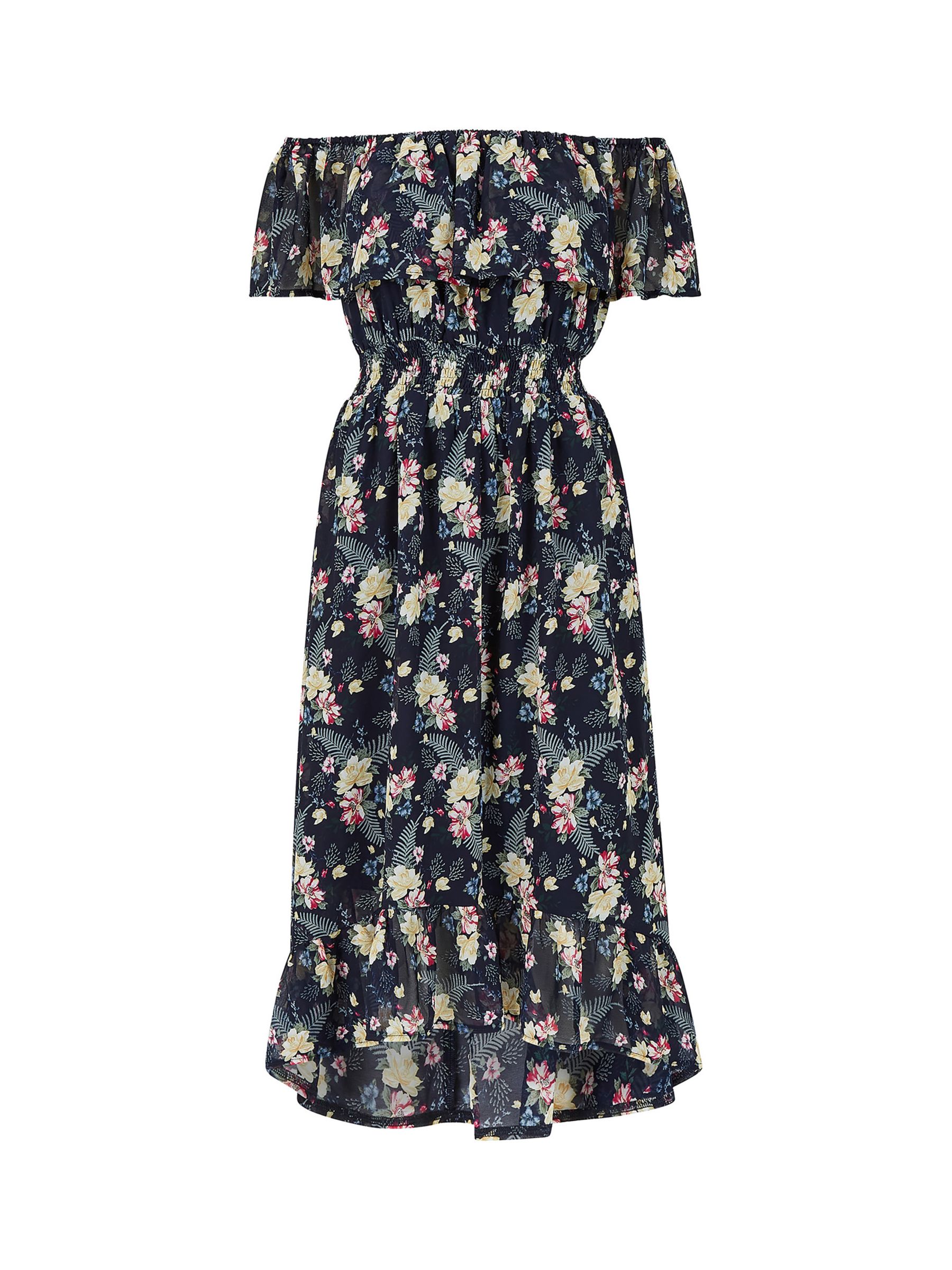 Mela London Tropical Print Dip Hem Bardot Midi Dress, Navy/Multi, 8