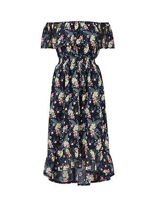 Mela London Tropical Print Dip Hem Bardot Midi Dress, Navy/Multi
