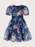 Monsoon Kids' Floral Organza Puff Sleeve Dress, Blue