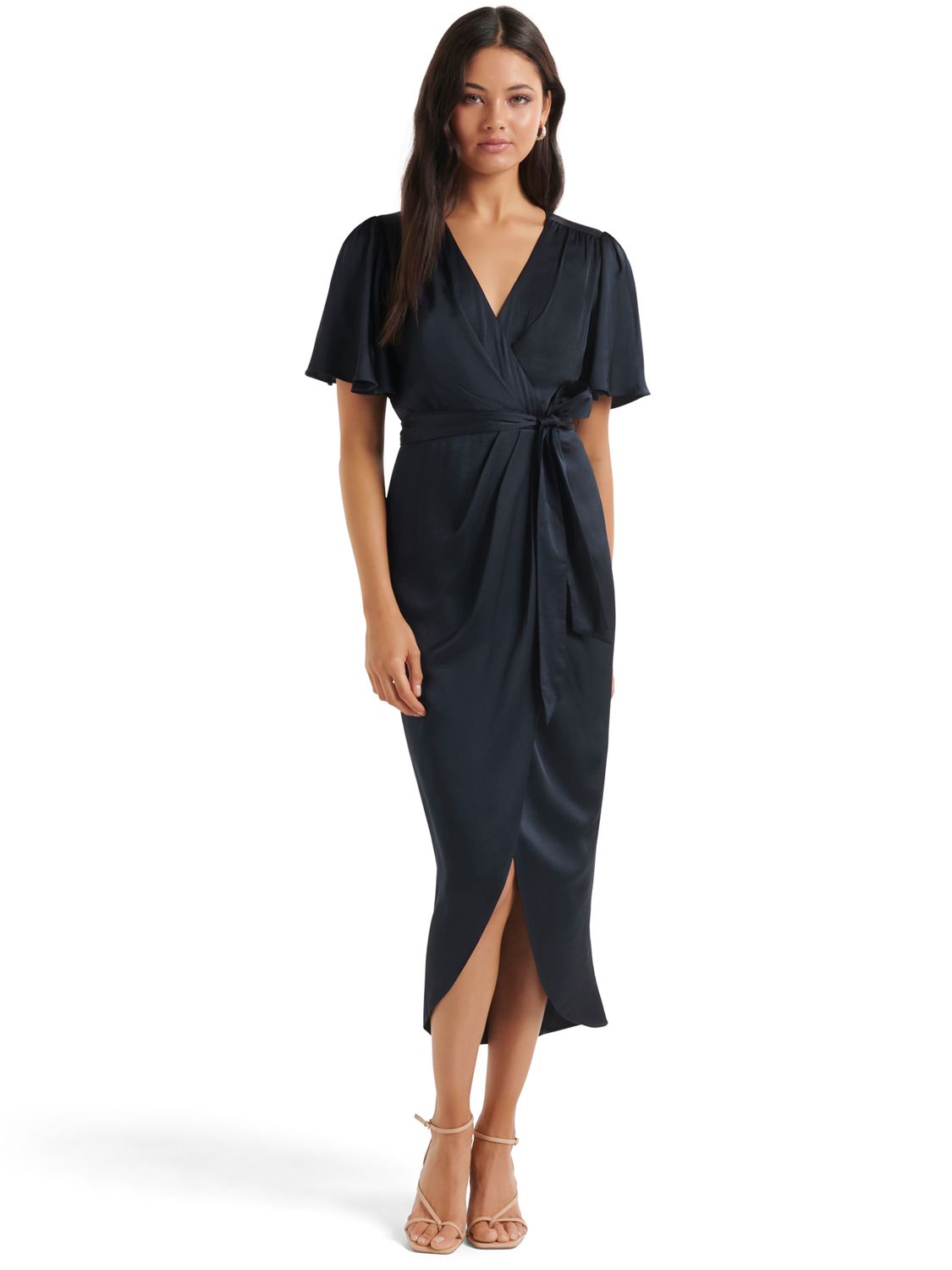 Forever New Carolina Satin Flutter Sleeve Midi Dress Navy At John Lewis And Partners 9830