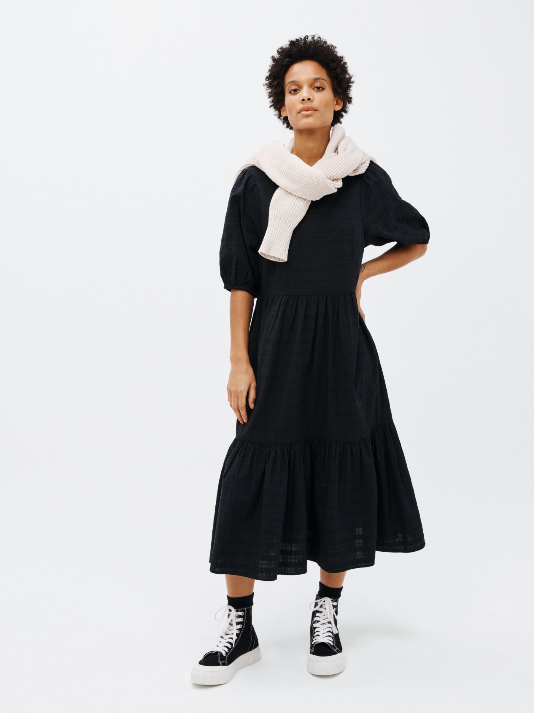 John Lewis ANYDAY Textured Midi Smock Dress, Black at John Lewis & Partners