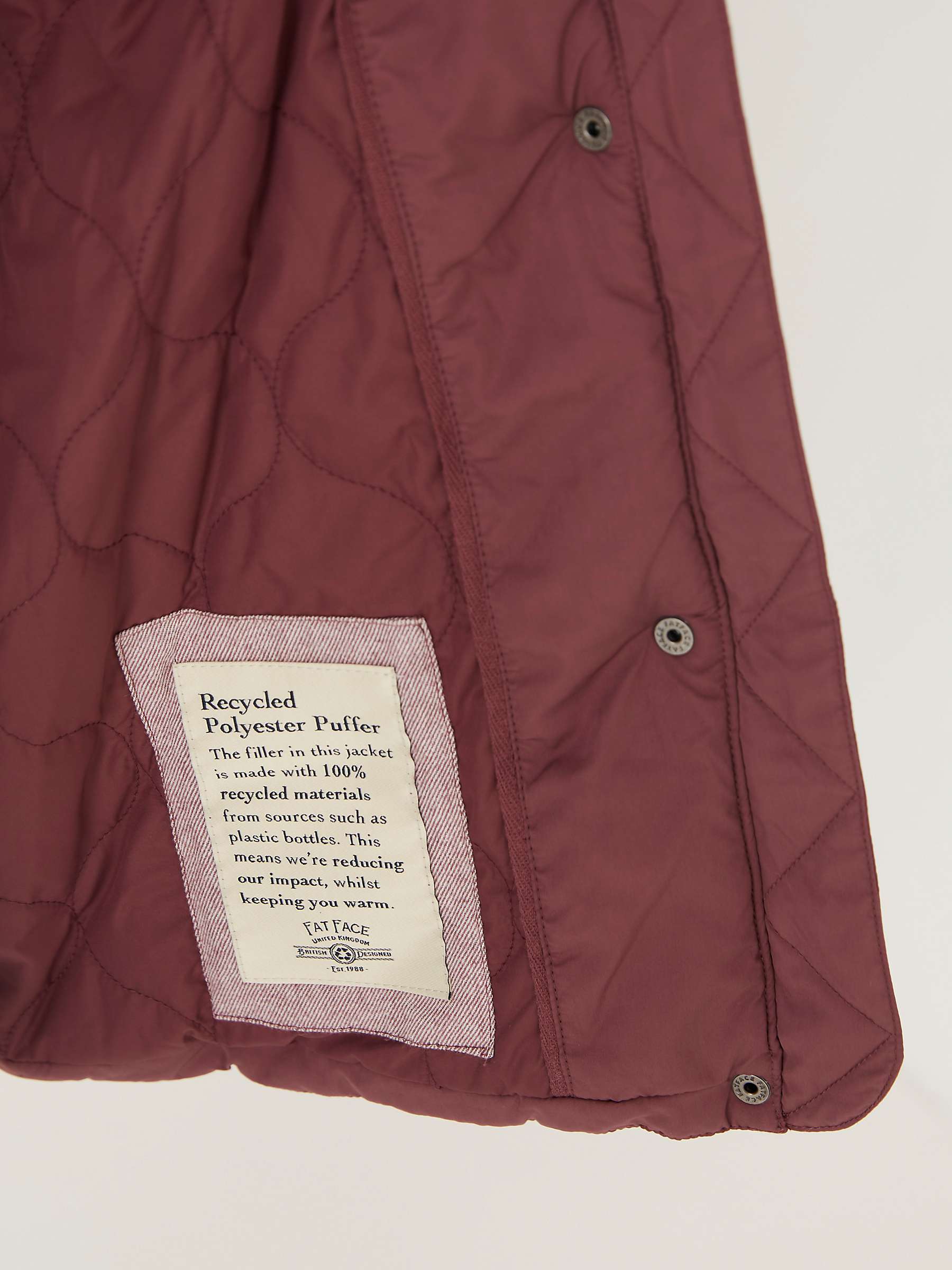 FatFace Hayden Quilted Mid Length Coat, Purple at John Lewis & Partners