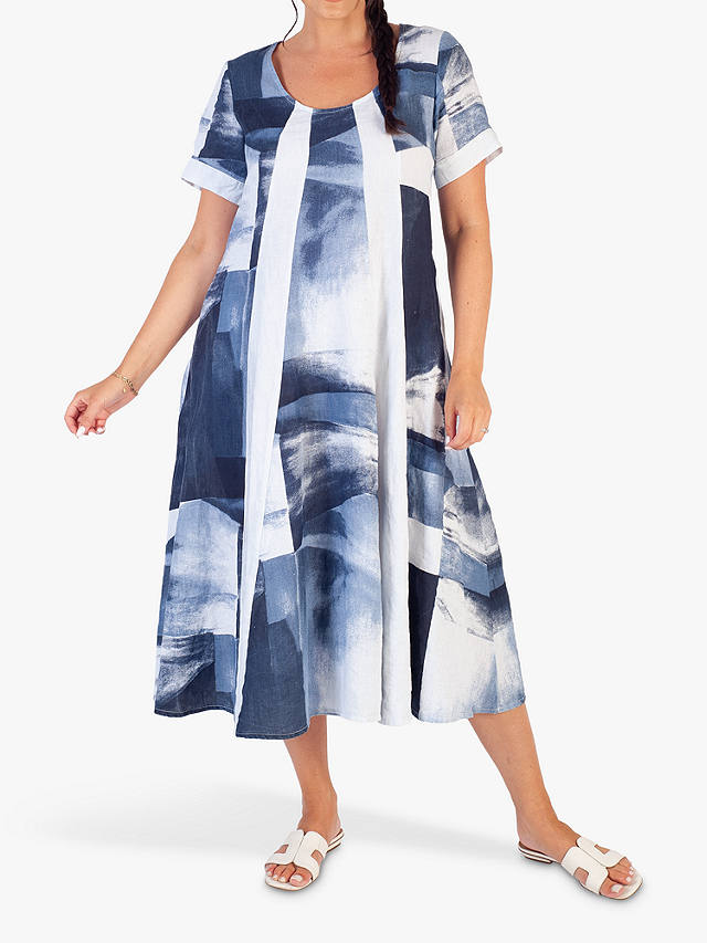 chesca Abstract Print Midi Linen Dress, White/Navy