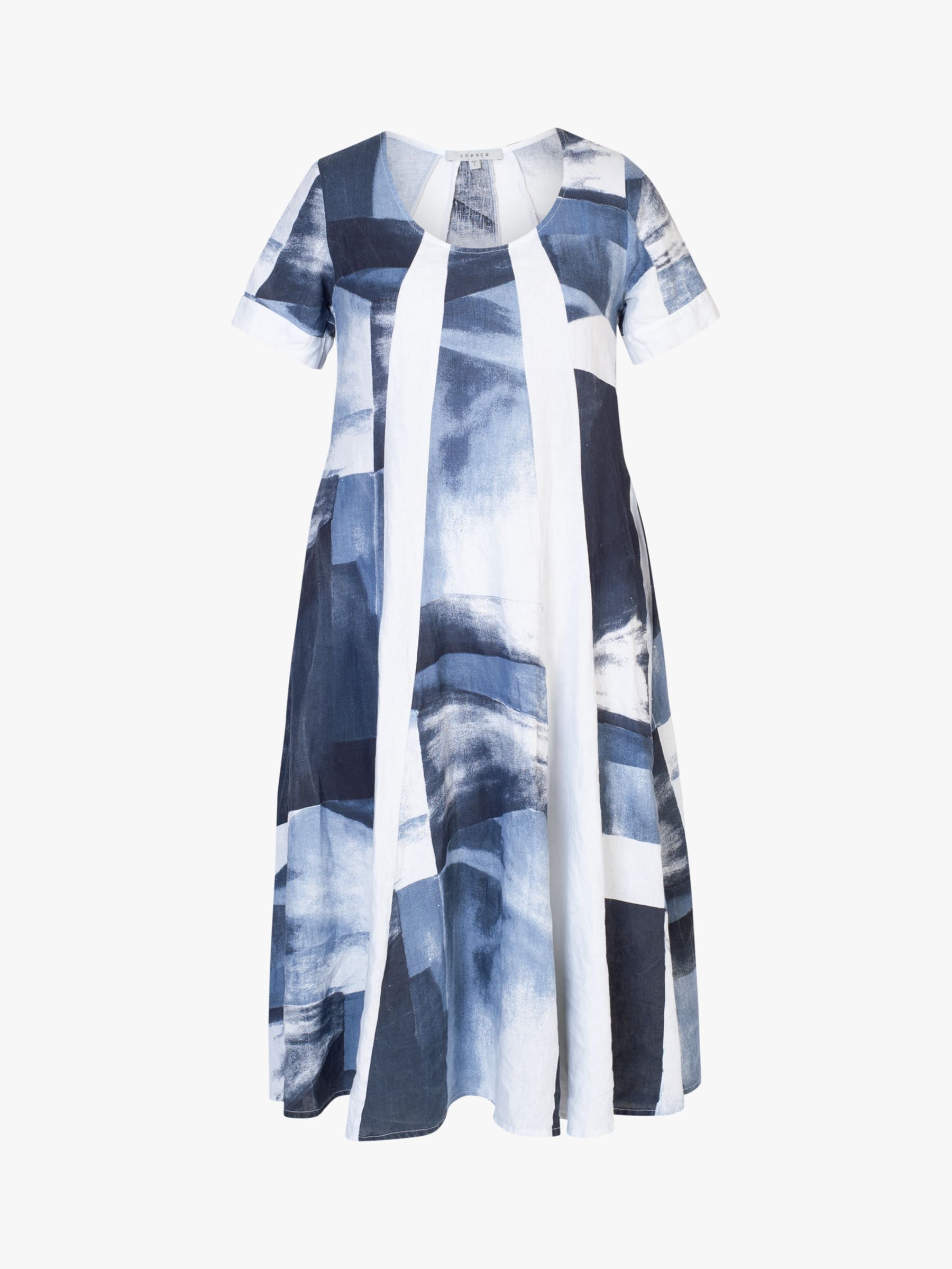 chesca Abstract Print Midi Linen Dress, White/Navy, 12