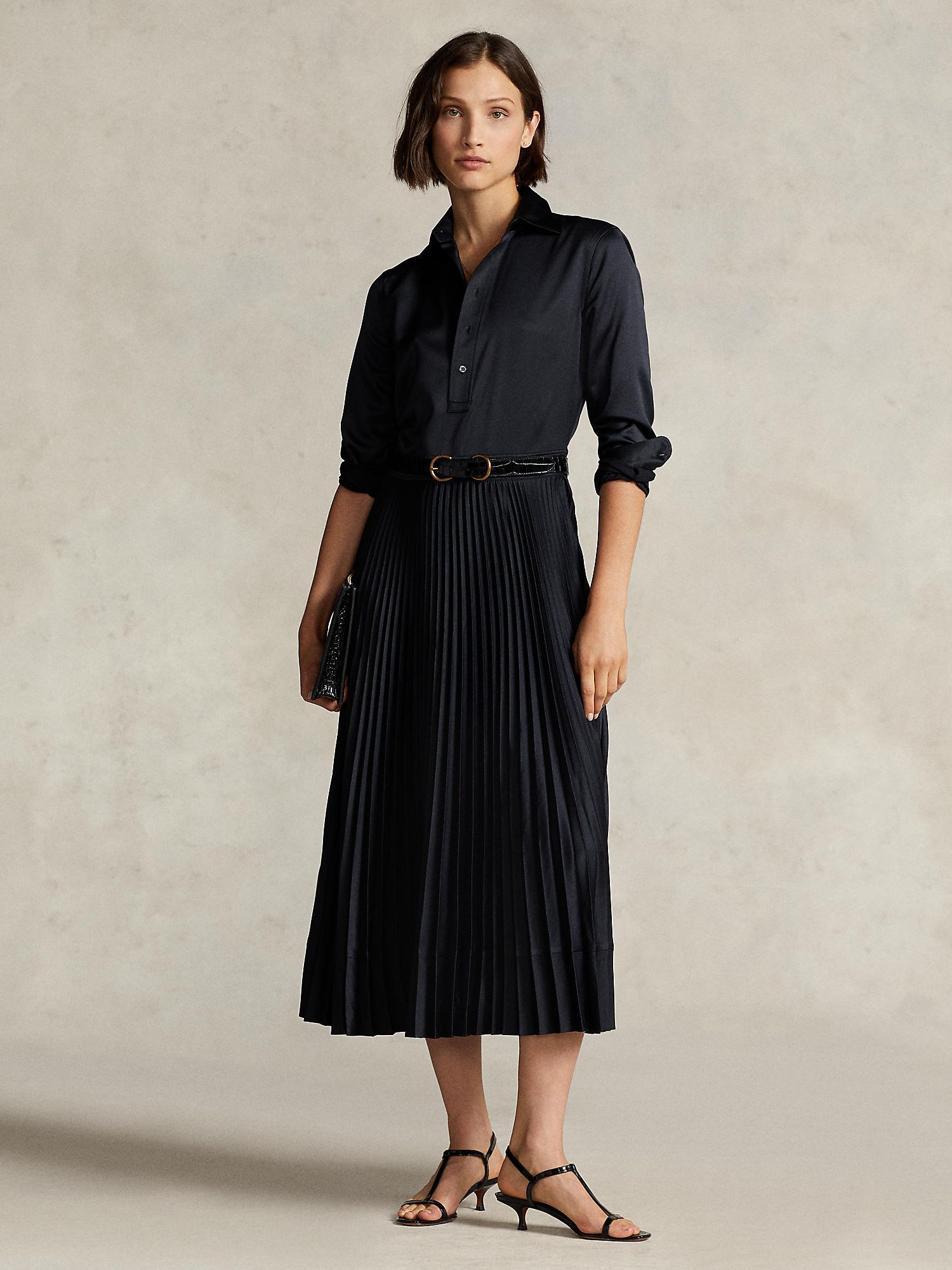 Polo Ralph Lauren Pleated Skirt Satin Midi Shirt Dress, Polo Black
