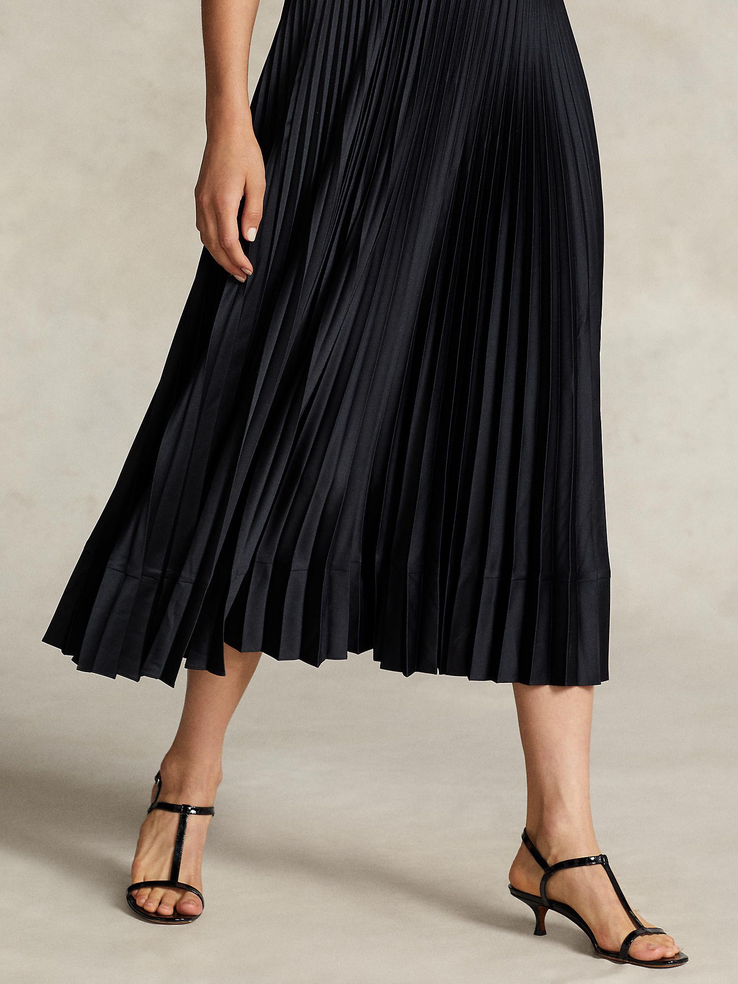 Polo Ralph Lauren Pleated Skirt Satin Midi Shirt Dress, Polo Black