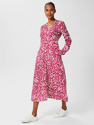 Hobbs Allison Leaf Print Midi Tea Dress, Magenta/Ivory