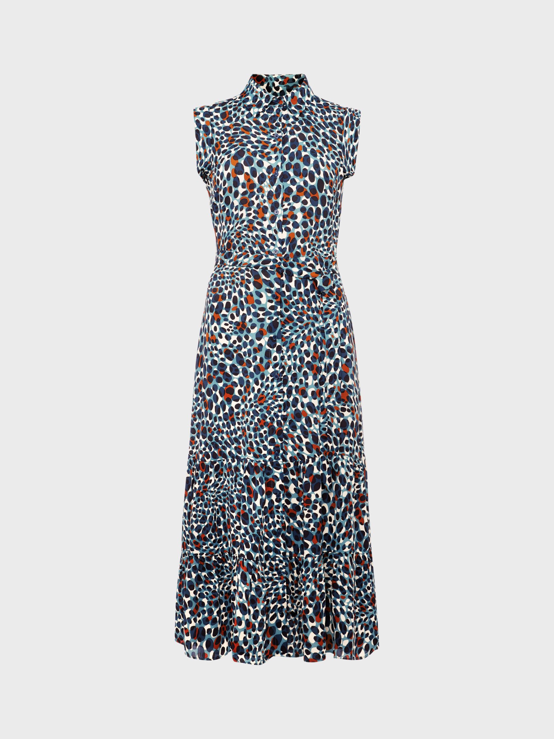 Hobbs Esme Abstract Print Tiered Midi Dress, Ocean/Multi, 6