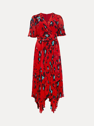Phase Eight Kendall Animal Print Pleated Dress, Vermillion/Multi