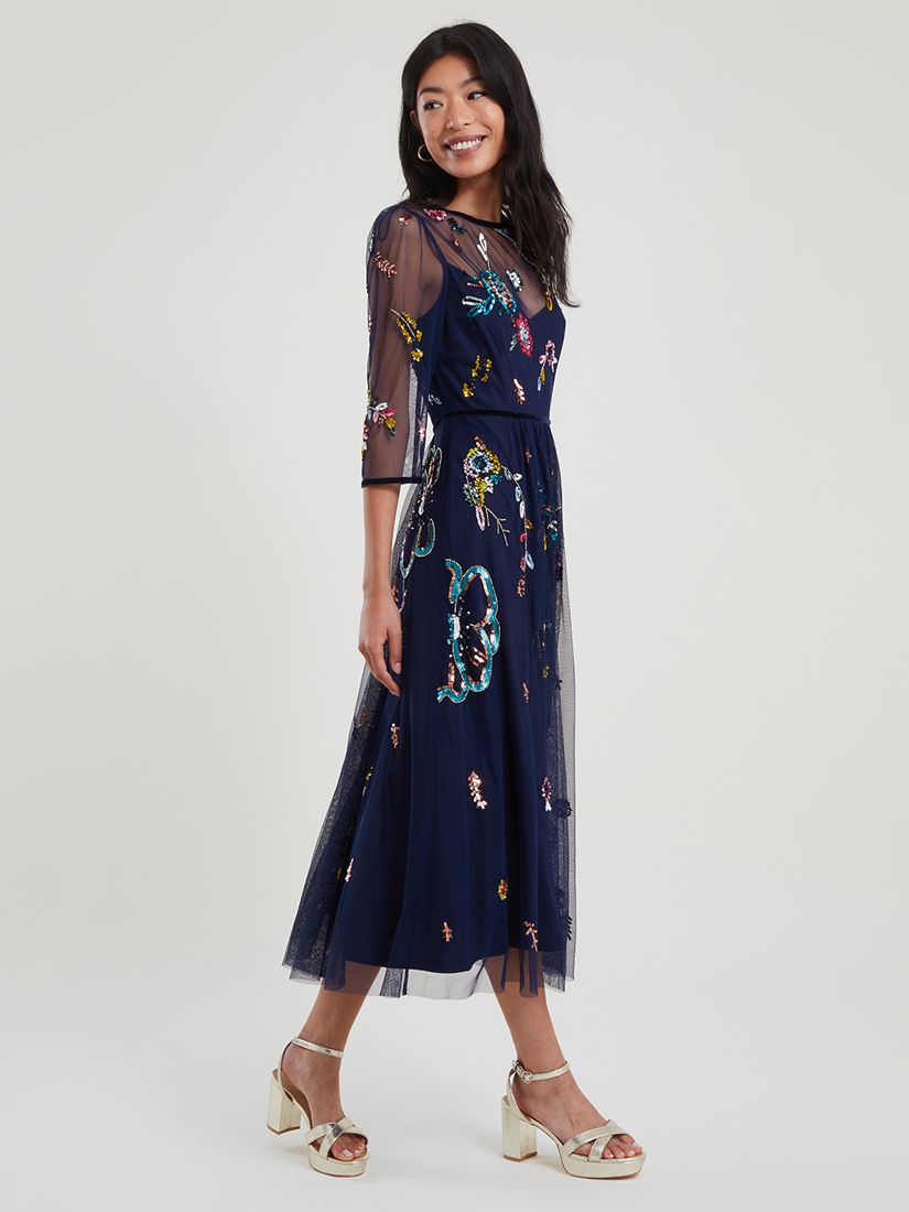 Monsoon Nyla Floral Embroidered Midi Dress, Navy at John Lewis & Partners