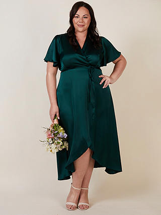 Rewritten Florence Waterfall Hem Satin Wrap Dress, Forest Green