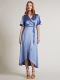 Rewritten Florence Waterfall Hem Satin Wrap Dress, Sky Blue