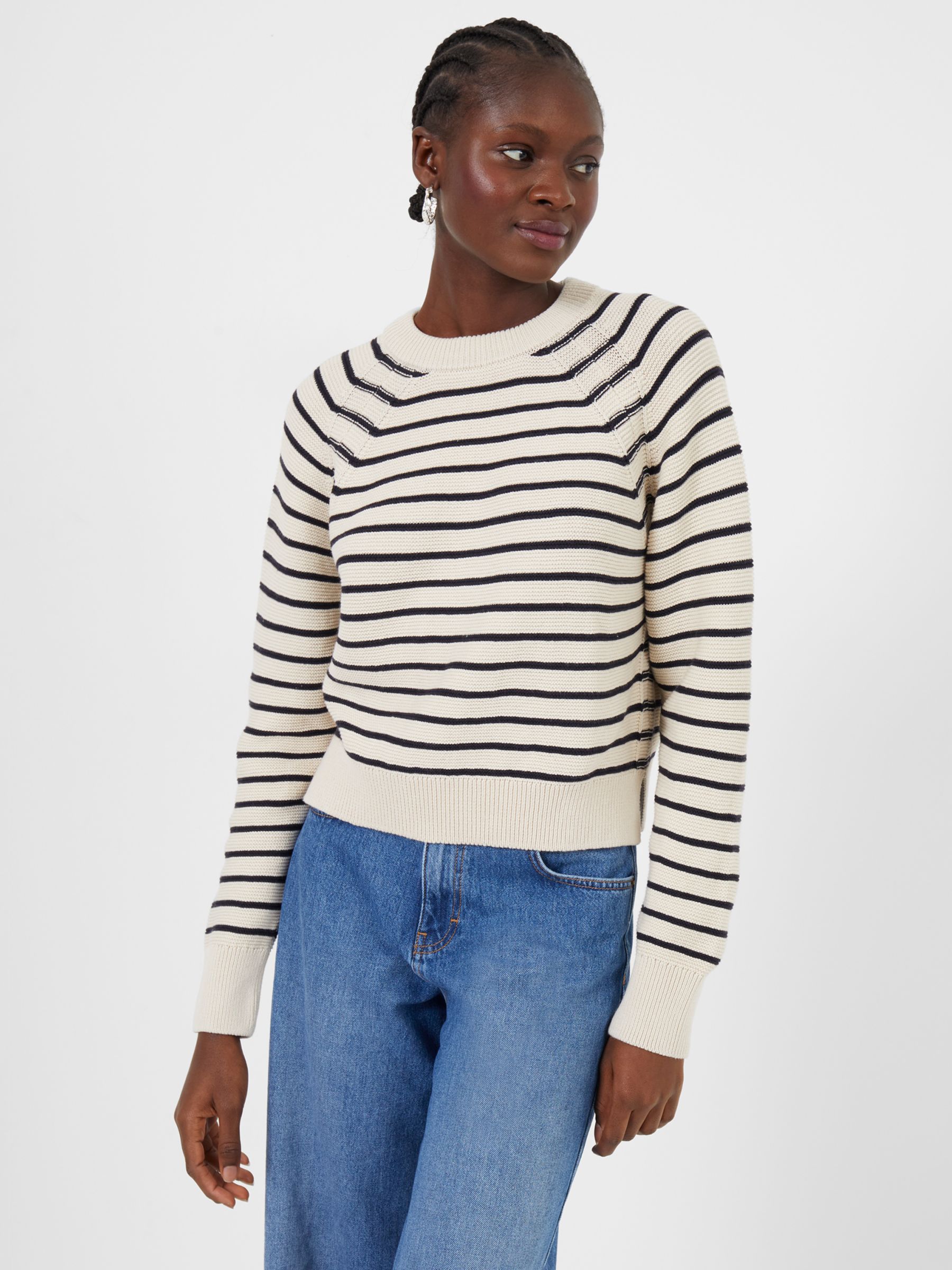 French Connection Mozart Stripe Jumper, Classic Cream/Utility Blue at ...