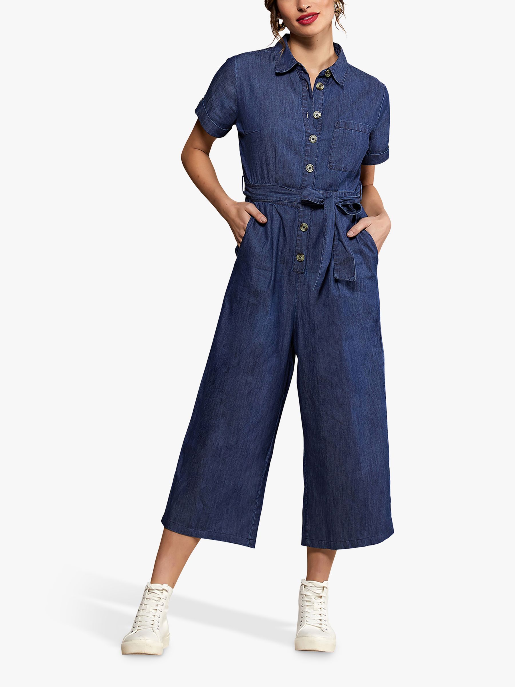Yumi Denim Button Culotte Jumpsuit, Blue at John Lewis & Partners