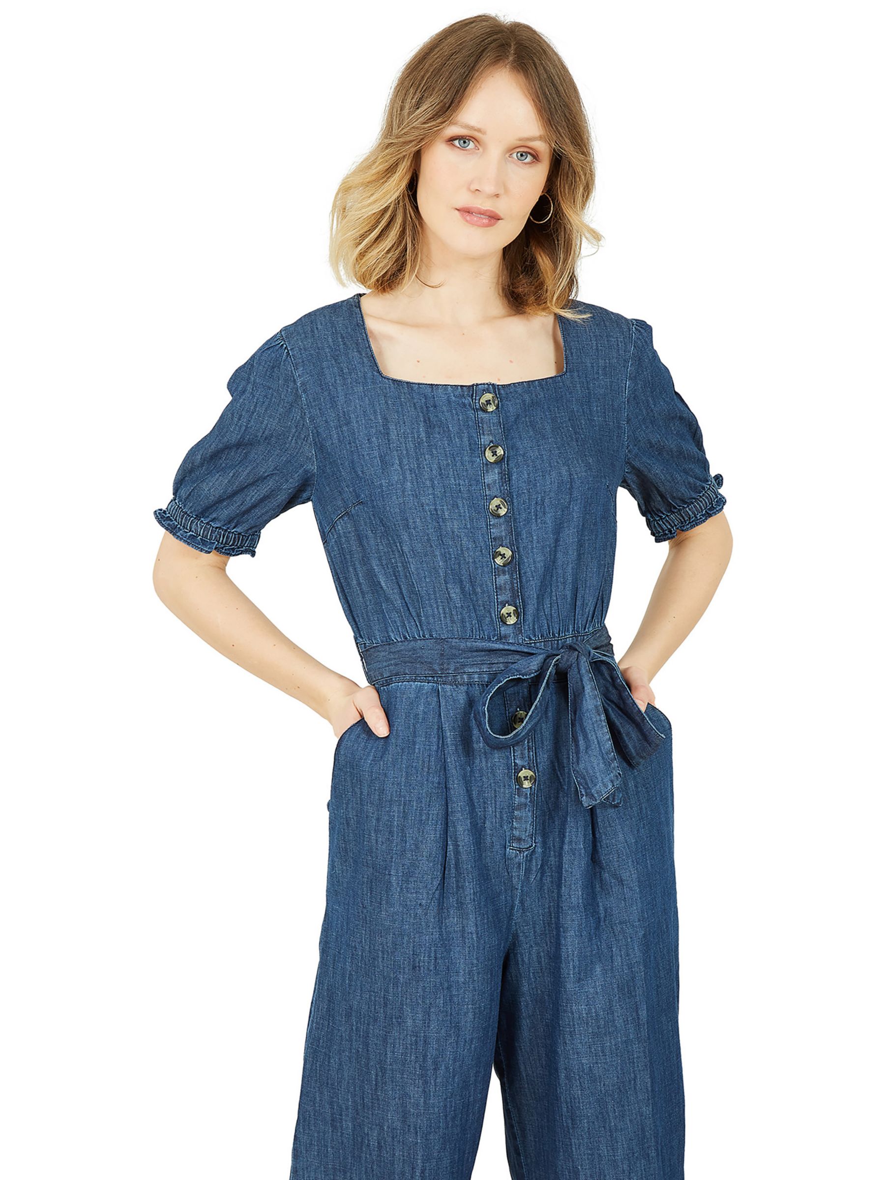 Yumi Denim Puff Sleeve Jumpsuit, Blue at John Lewis & Partners