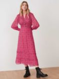 Brora Silk Circle Print Smock Waist Maxi Dress, Rhubarb
