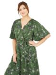 Yumi Bird Print Wrap Recycled Midi Dress, Green/Multi