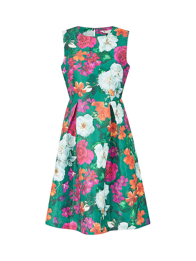 Yumi Floral Flared Jacquard Dress, Green/Multi
