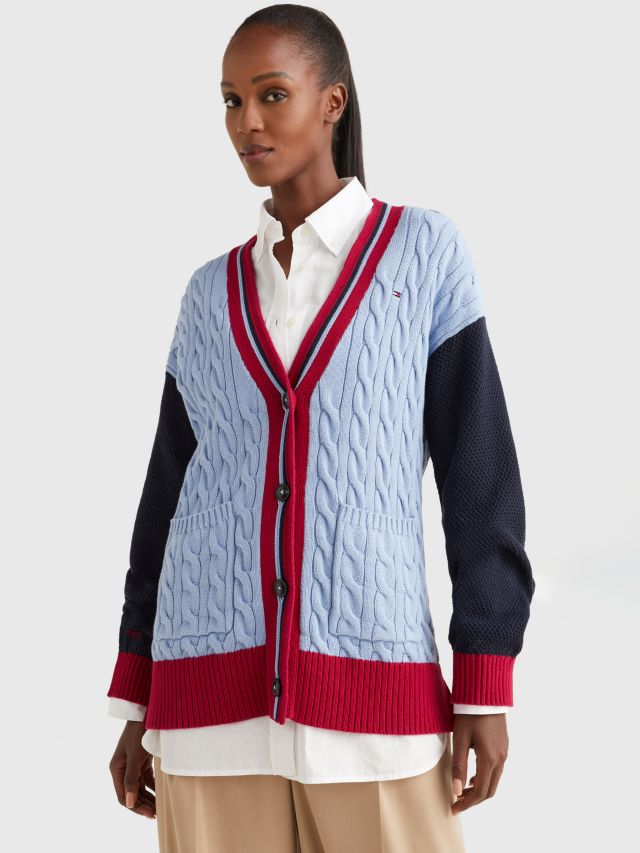 Hilfiger Tommy Knit Cable Cardigan, Relaxed Blue/Multi, Moon XS