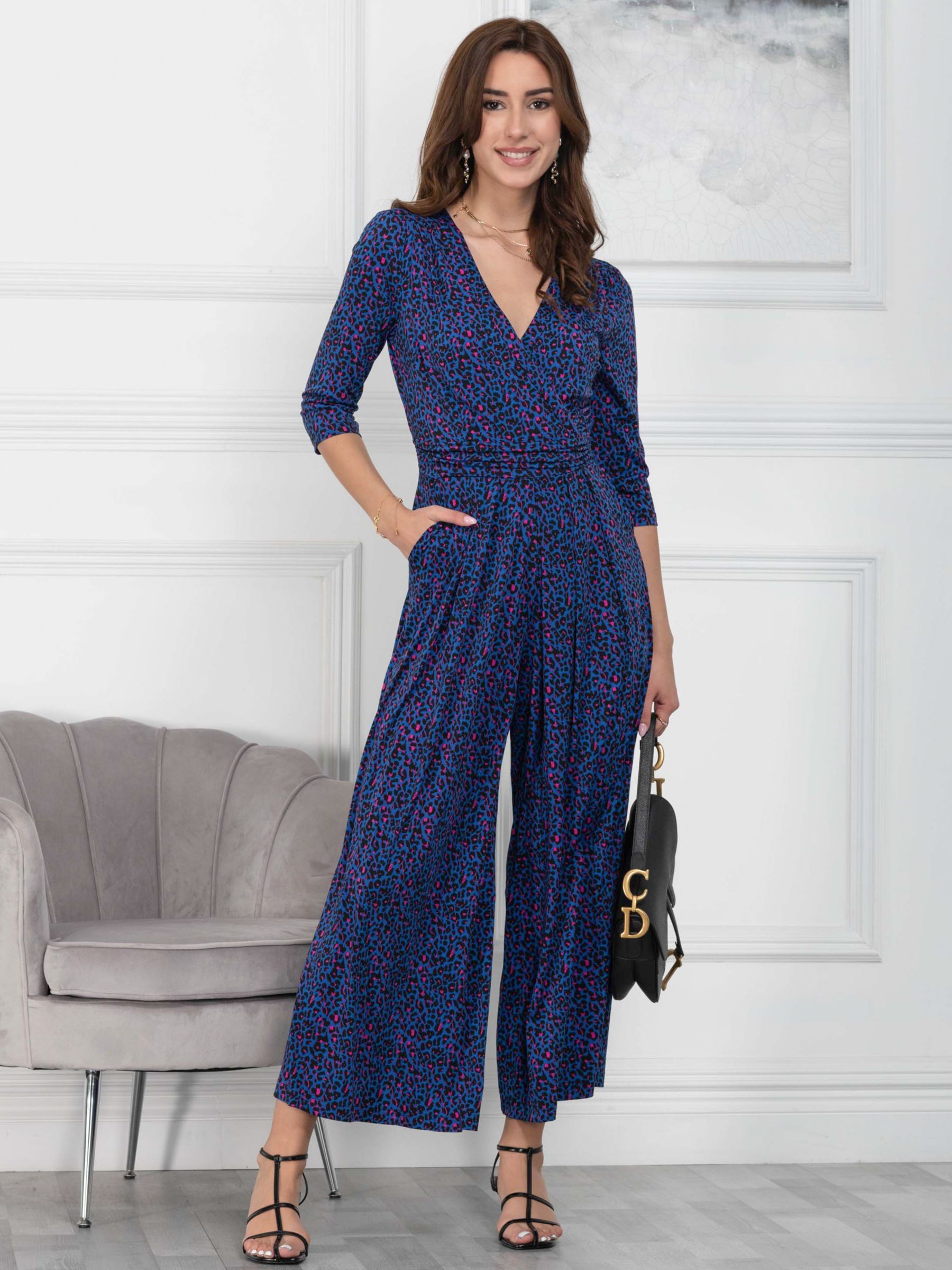 Jolie Moi Giselle Wrap Neck Leopard Print Wide Leg Jumpsuit, Blue/Multi ...