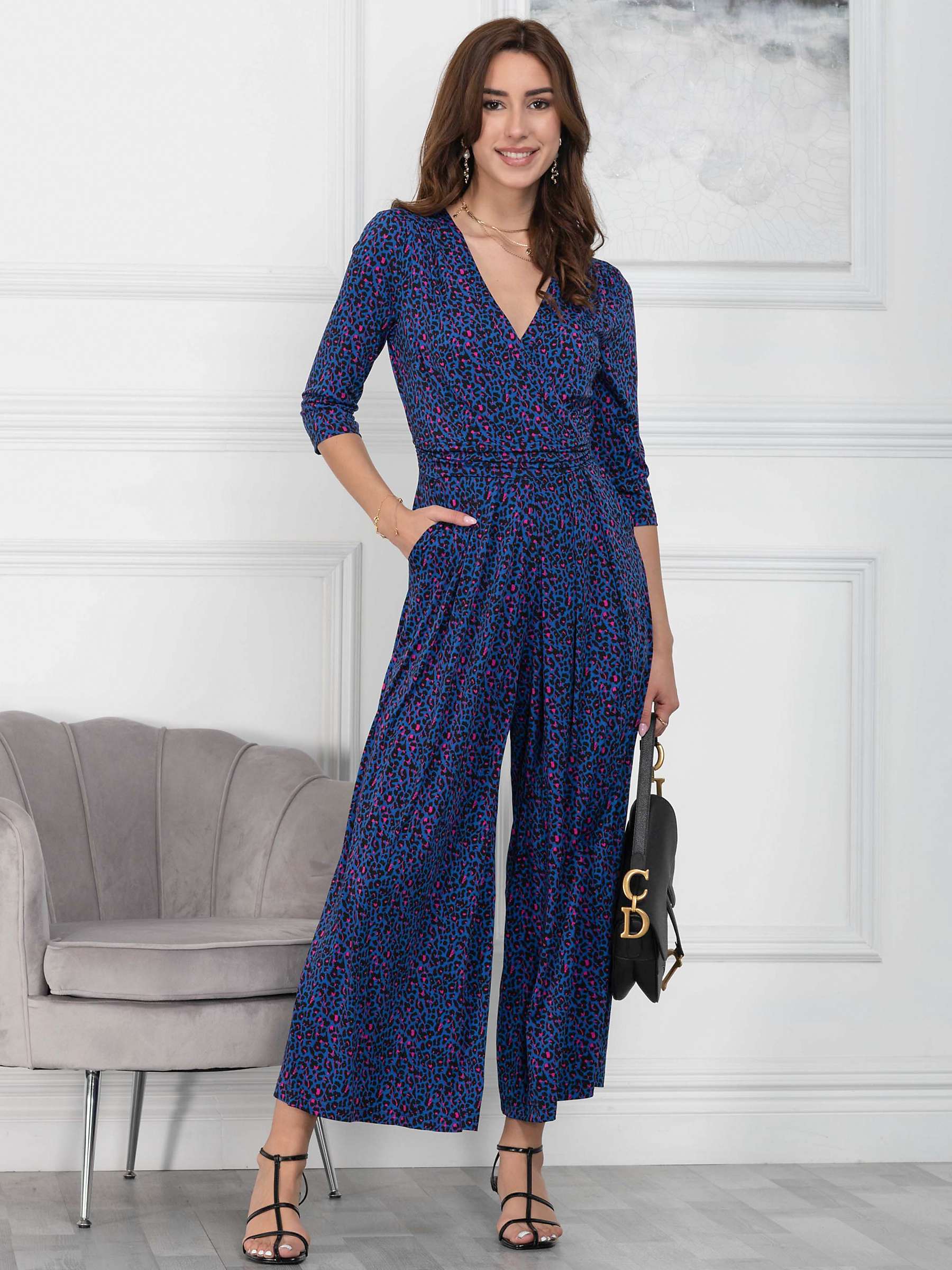 Buy Jolie Moi Giselle Wrap Neck Leopard Print Wide Leg Jumpsuit, Blue/Multi Online at johnlewis.com