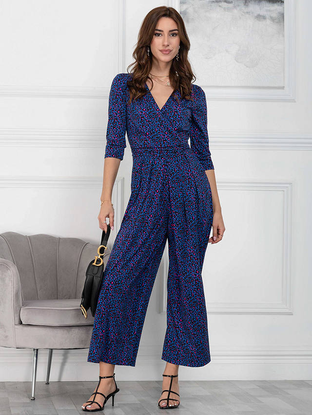 Jolie Moi Giselle Wrap Neck Leopard Print Wide Leg Jumpsuit, Blue/Multi