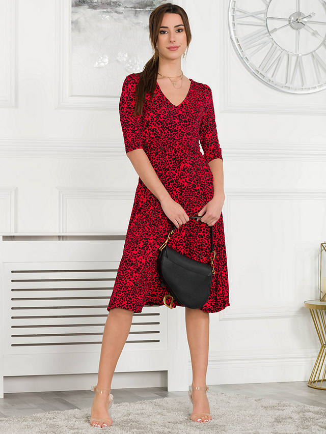 Jolie Moi Delylah V Neck Leopard Midi Dress, Scarlet