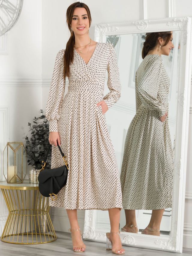 Jolie Moi Allyn Polka Dot Long Sleeve Maxi Dress, Cream/Black, 8