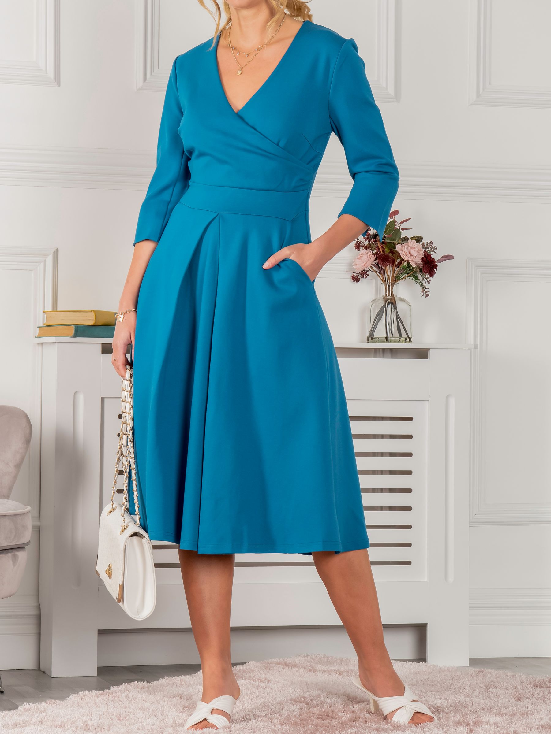 Jolie Moi Paige 3/4 Sleeve Flared Dress, Teal at John Lewis & Partners