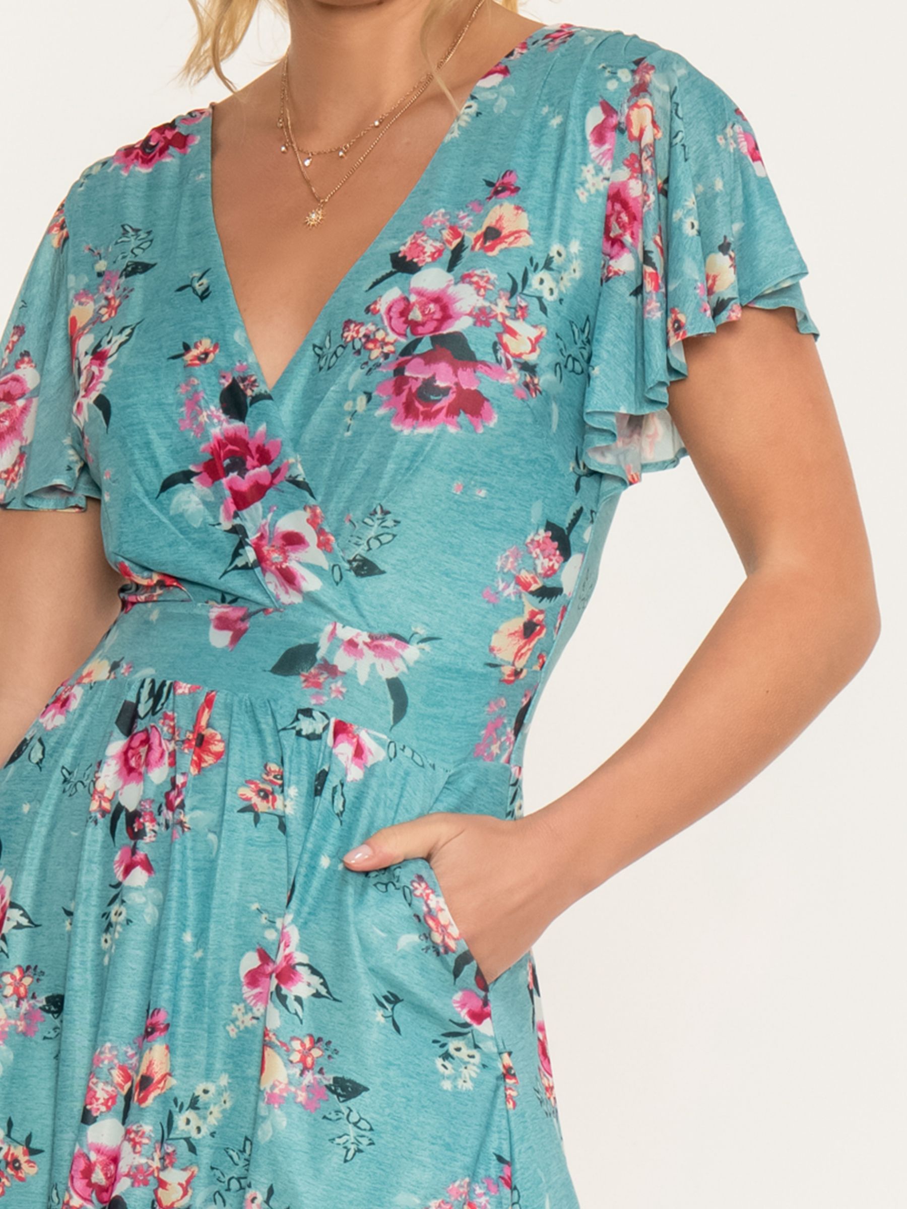 Jolie Moi Kiley Wrap Front Floral Mesh Midi Dress, Turquoise/Multi at ...