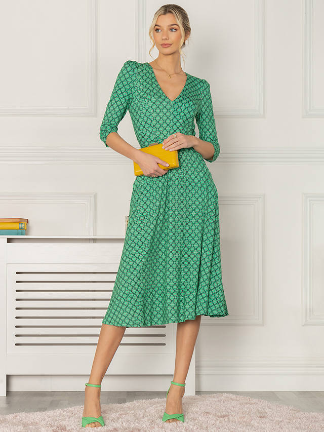 Jolie Moi Delylah V Neck Geometric Print Midi Dress, Green
