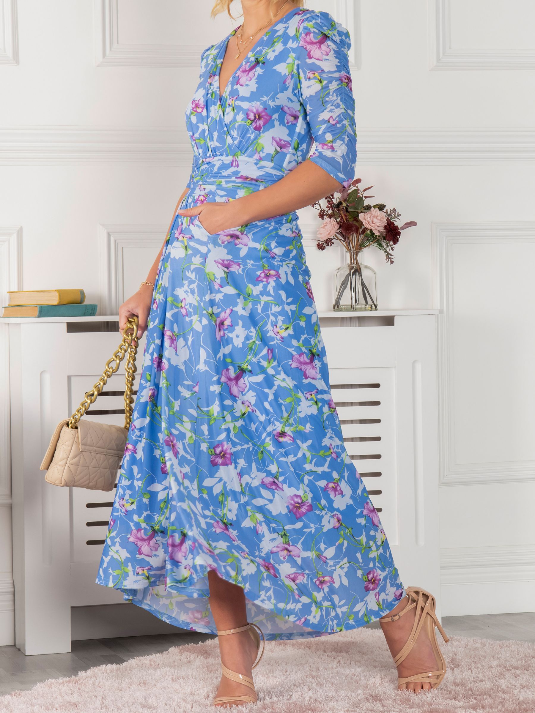 Jolie Moi Ressie Dip Hem Floral Maxi Dress, Pale Blue/Multi