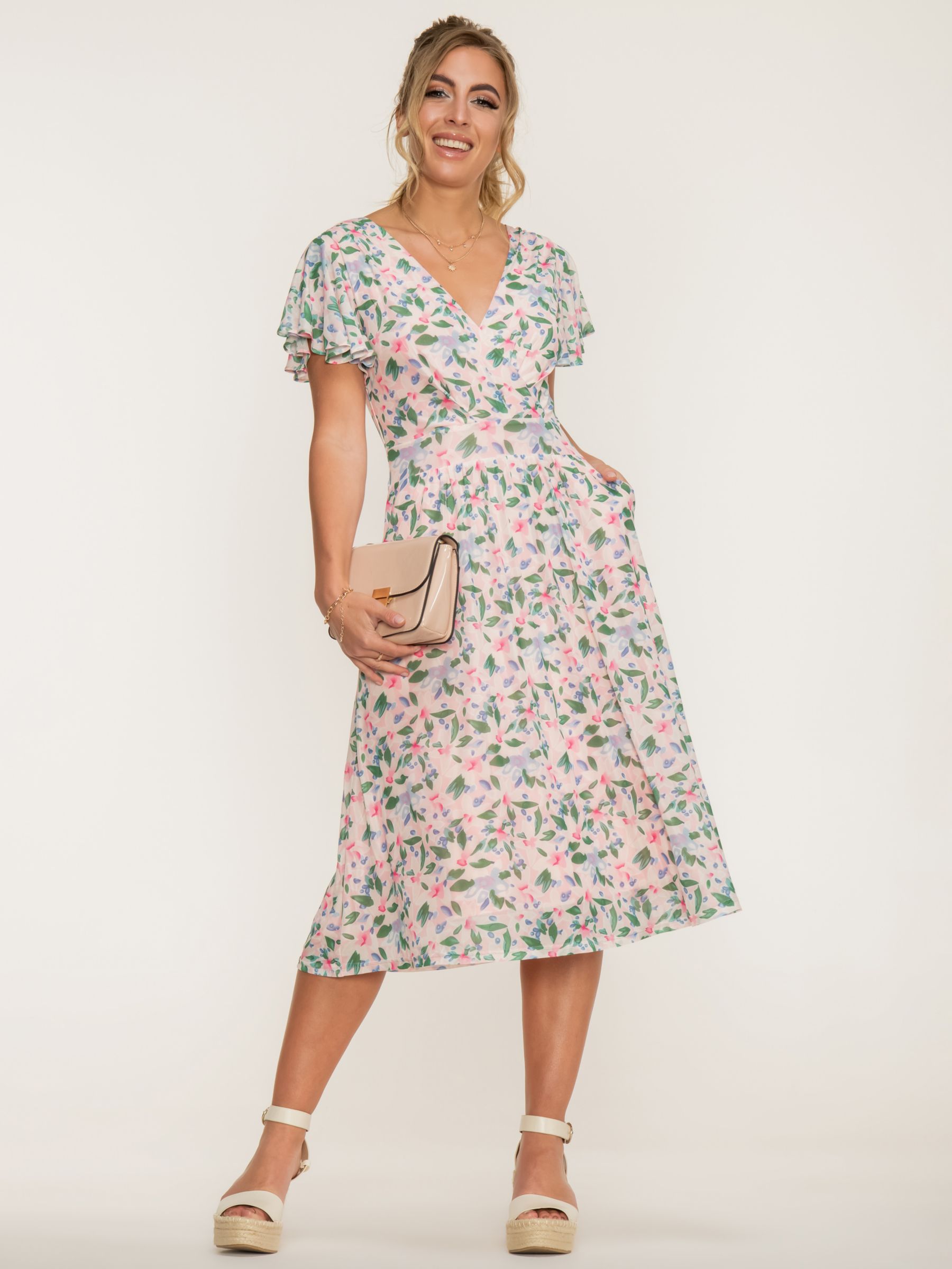 Jolie Moi Kaylynn Floral Flared Midi Dress, Pink/Multi