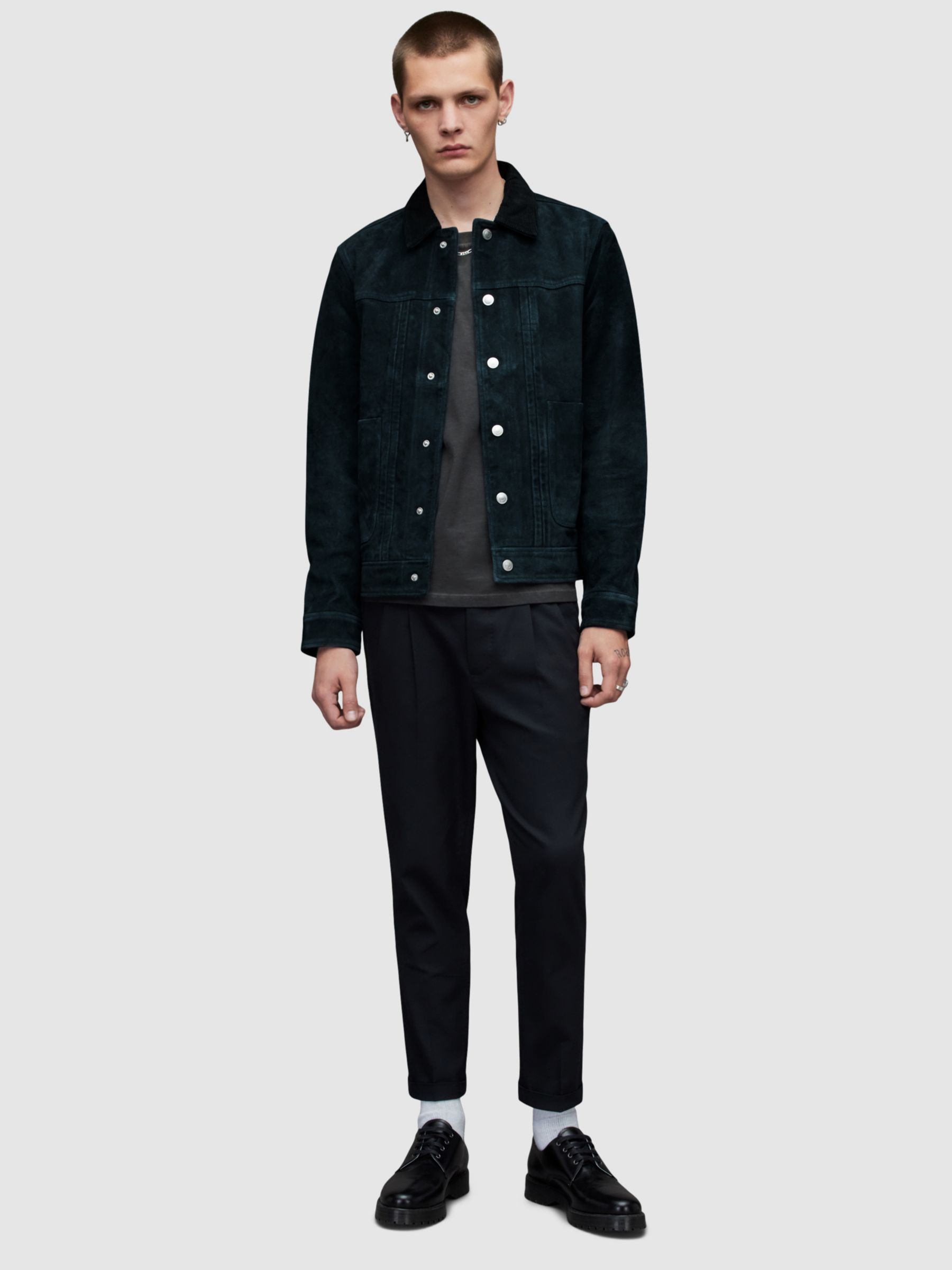 AllSaints Fuse Leather Trucker Jacket, Blue at John Lewis & Partners