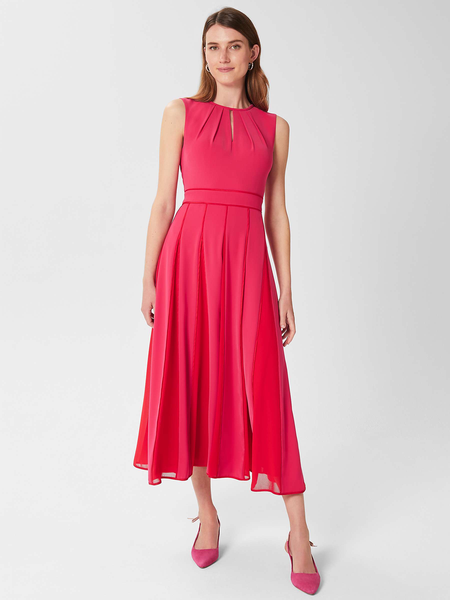 Hobbs Angelica Flared Midi Dress, Pink/Red at John Lewis & Partners