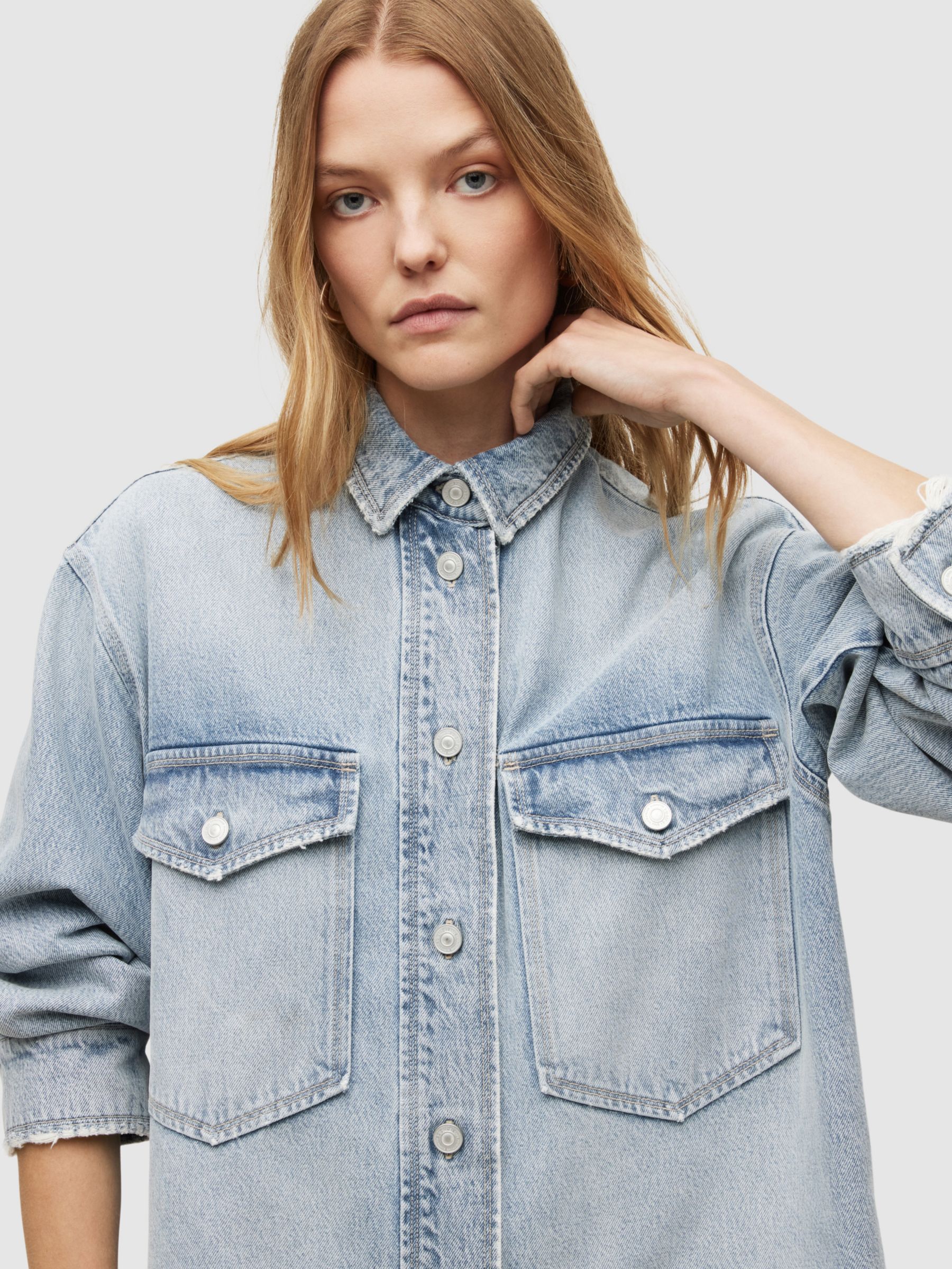 AllSaints Lily Shacket Denim Mini Dress, Light Indigo at John Lewis ...