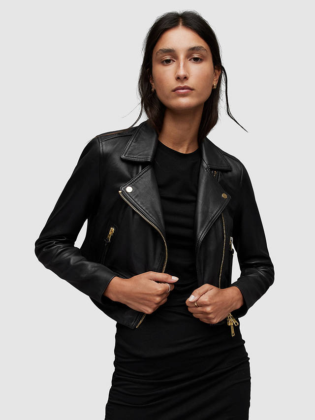 AllSaints Elora Cropped Leather Biker Jacket, Black