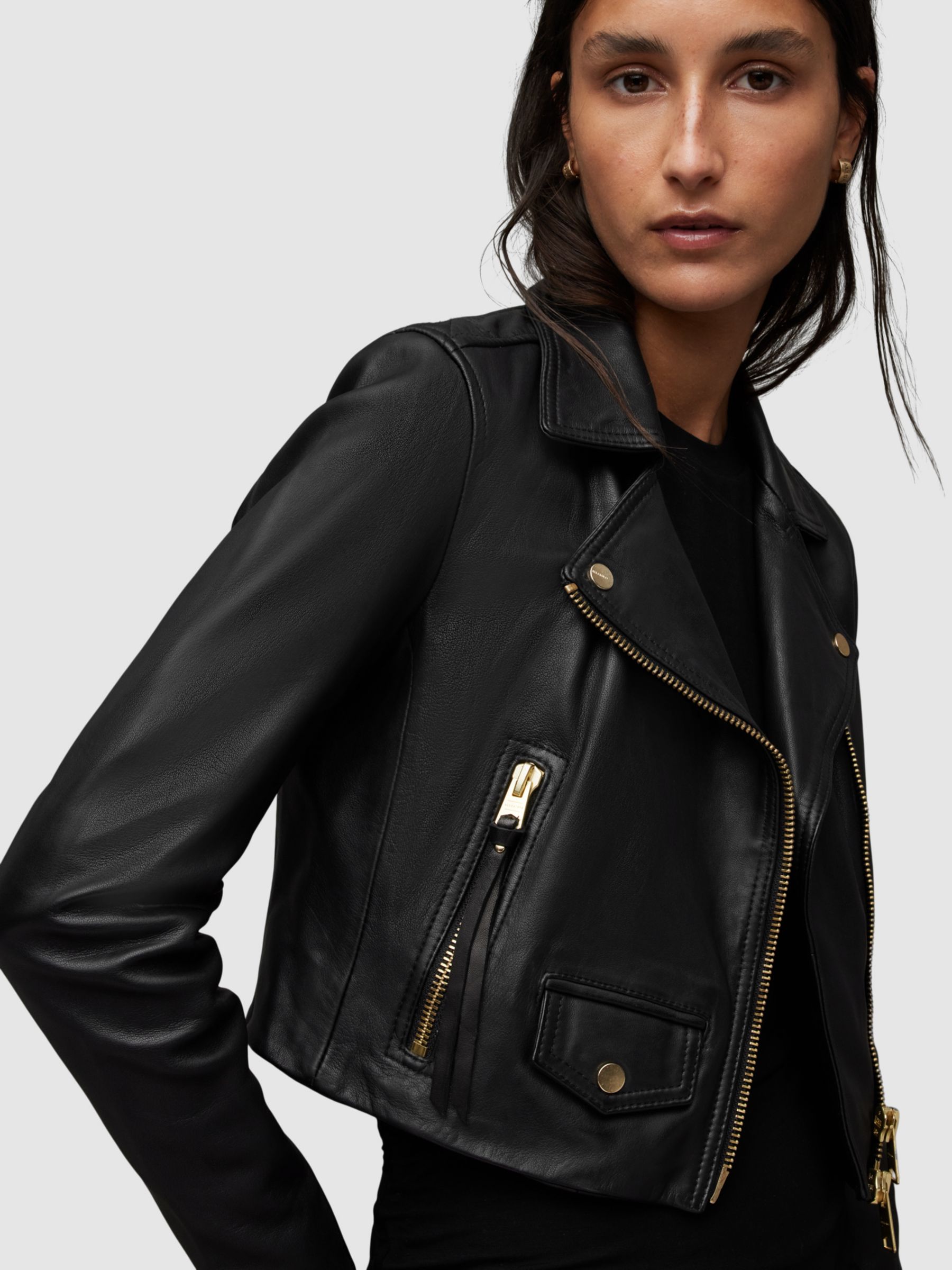 AllSaints Elora Leather Biker Jacket, Black at John Lewis & Partners