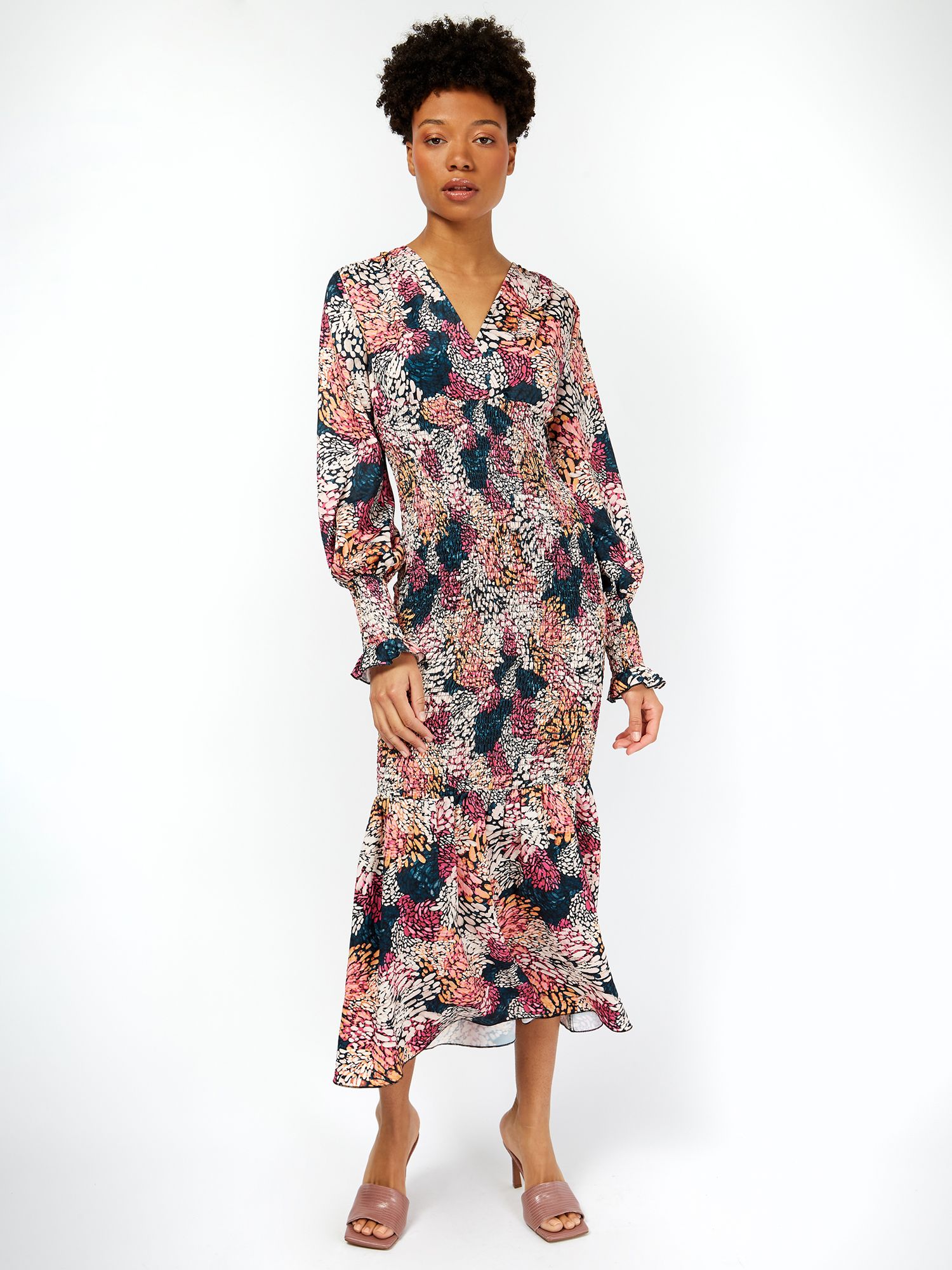 Little Mistress Shirred Midi Floral Dress, Multi at John Lewis & Partners
