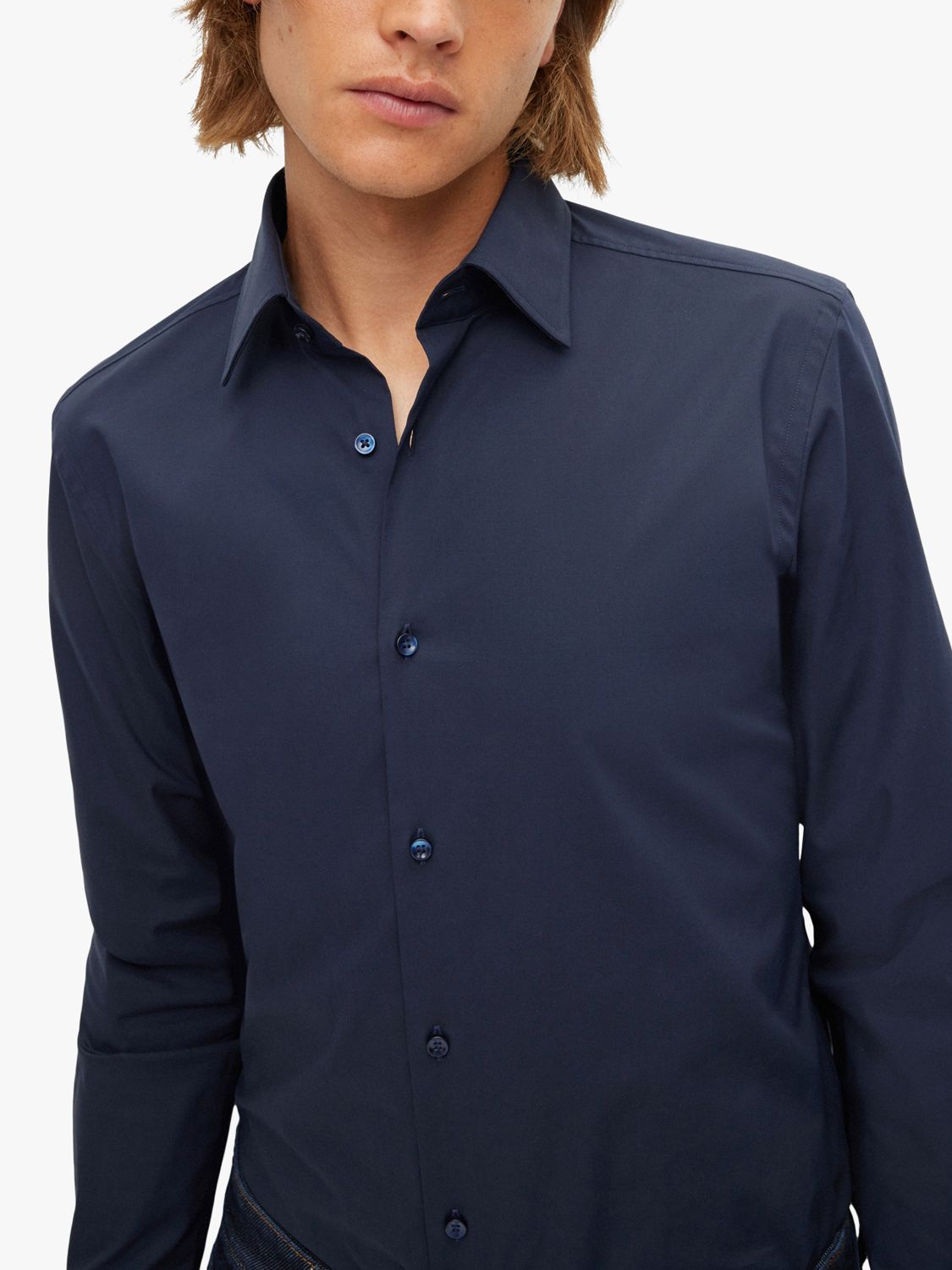 HUGO Hank Kent Collar Long Sleeve Shirt, Dark Blue, 15