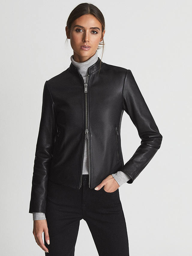 Reiss Allie Leather Jacket, Black at John Lewis & Partners