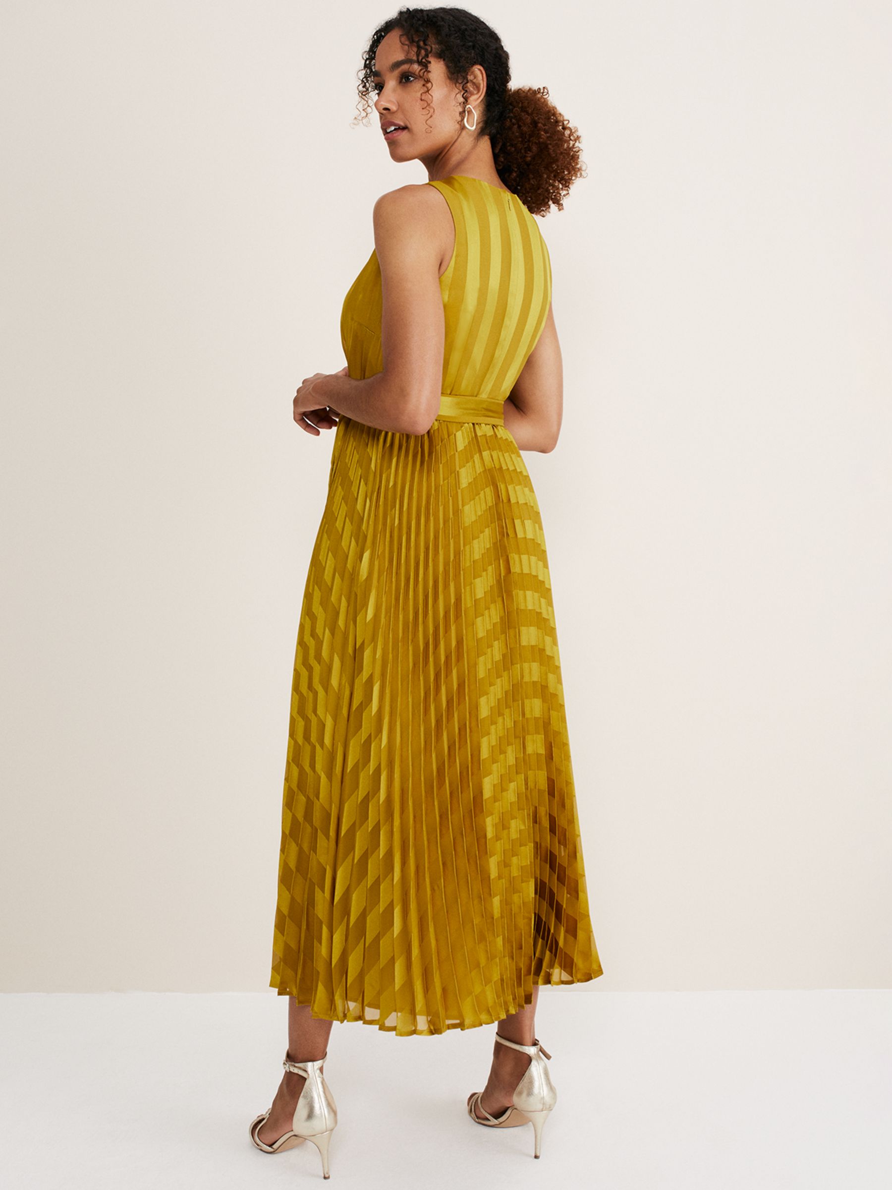 Phase Eight Beverley Striped Pleated Midi Dress, Chartreuse, 8
