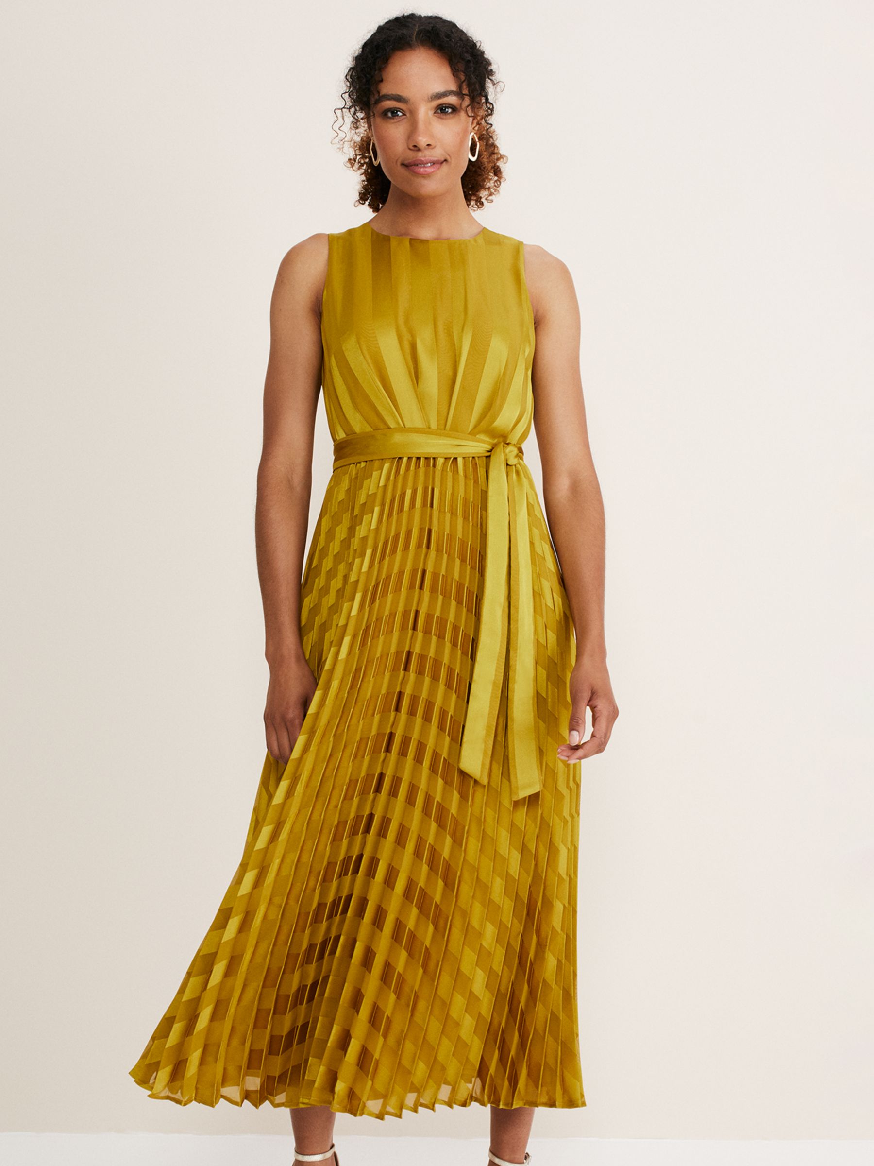 Phase Eight Beverley Striped Pleated Midi Dress, Chartreuse, 6