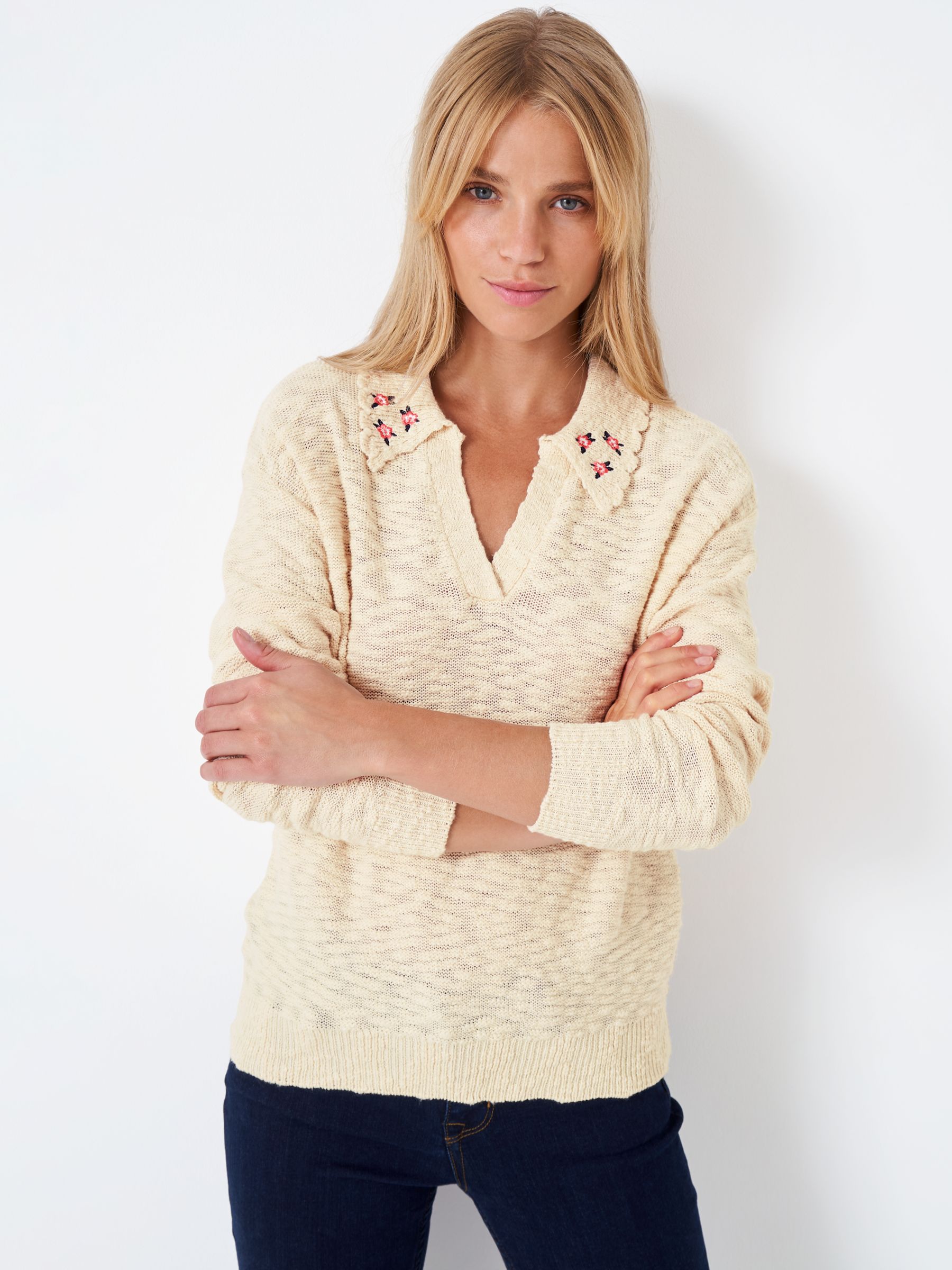 Crew Clothing Chelsea Embroidered Collar Jumper, Cream