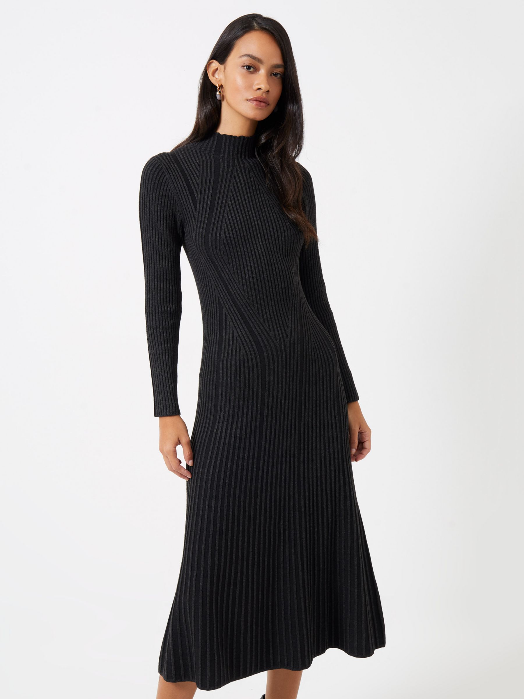 French Connection Mari Rib Midi Dress, Charcoal Black