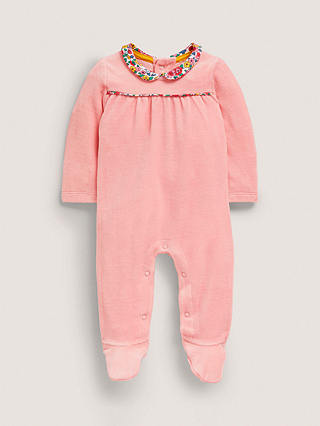 Mini Boden Baby Velour Floral Collar Sleepsuit, Pink