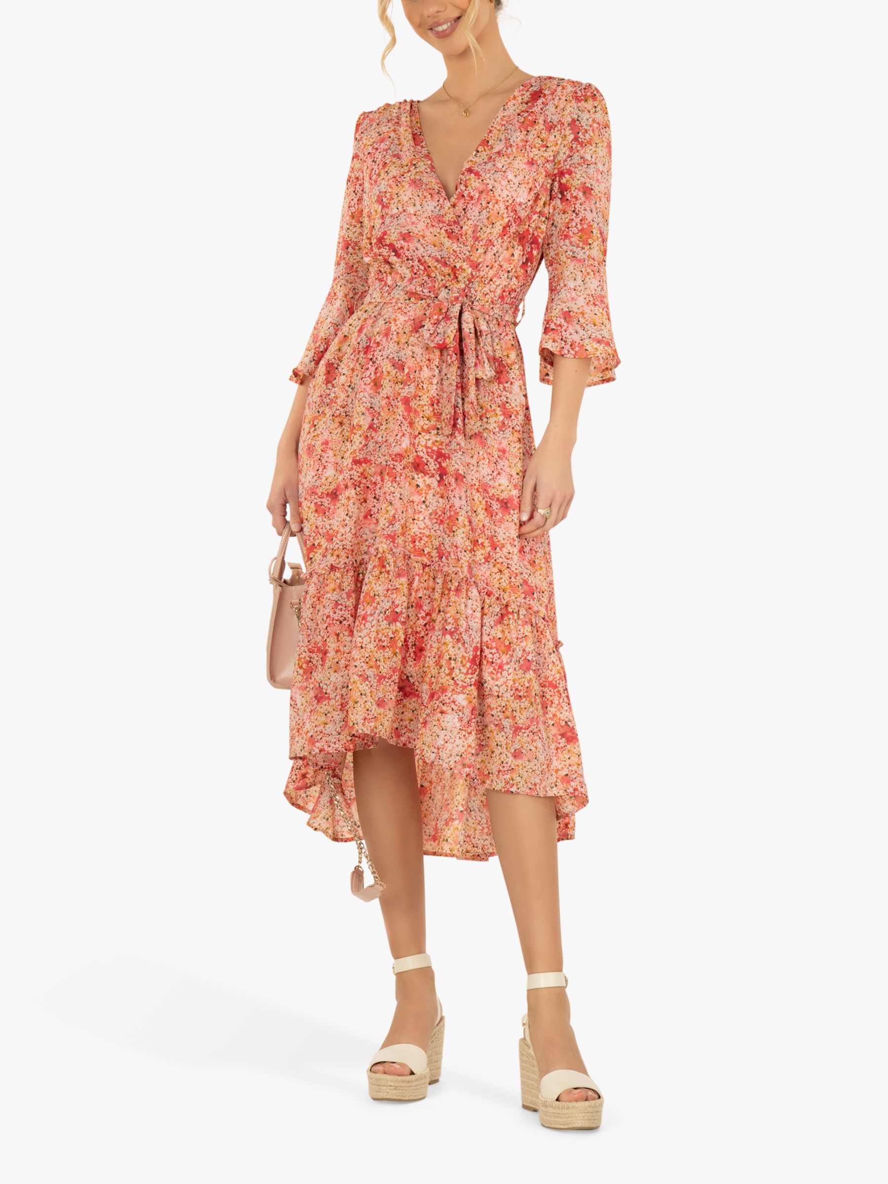 Jolie Moi Geelan Floral Tiered Dip Hem Dress, Pink at John Lewis & Partners