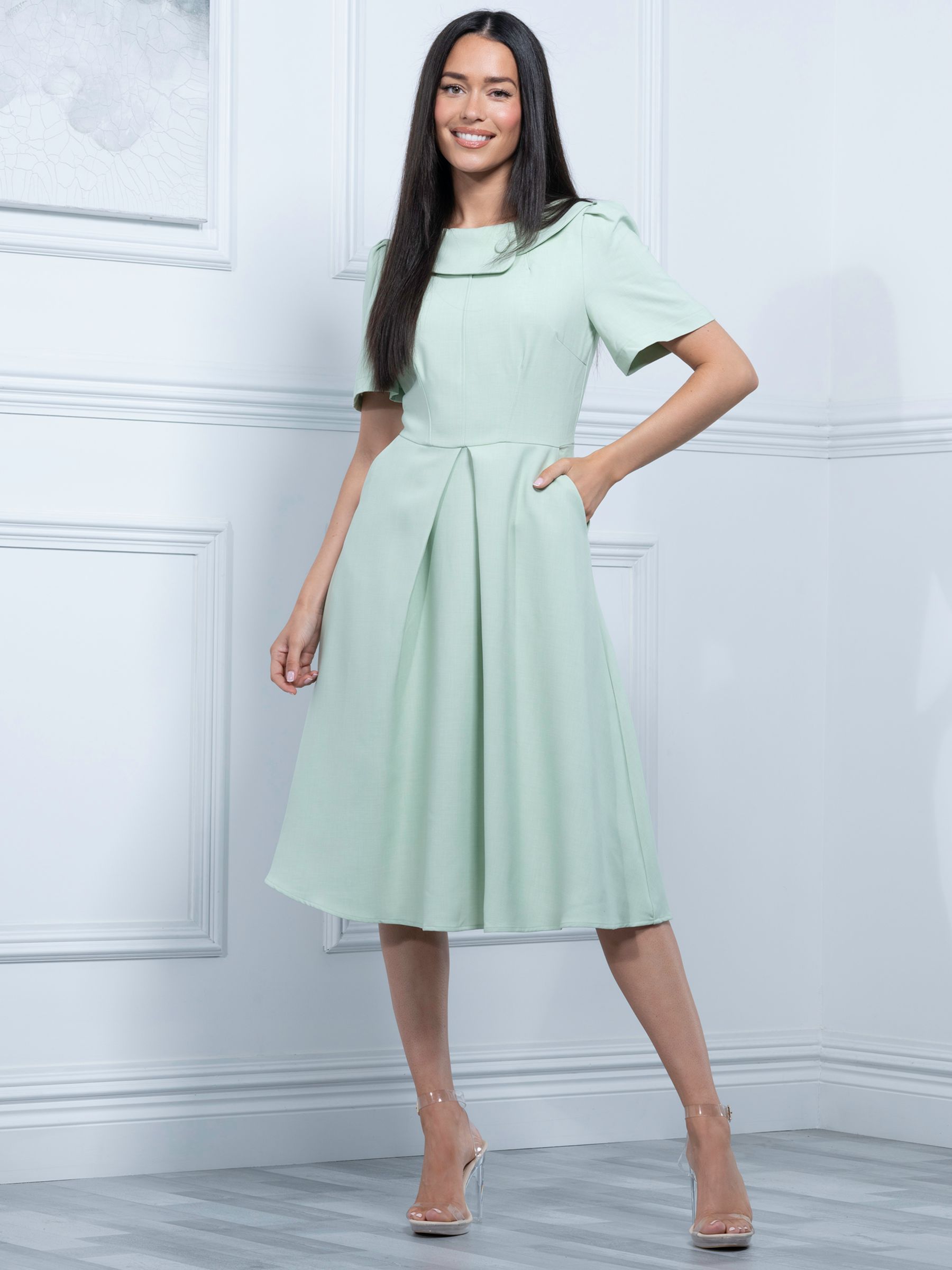Jolie Moi Valery Button Collar Flared Dress, Pale Green, 8